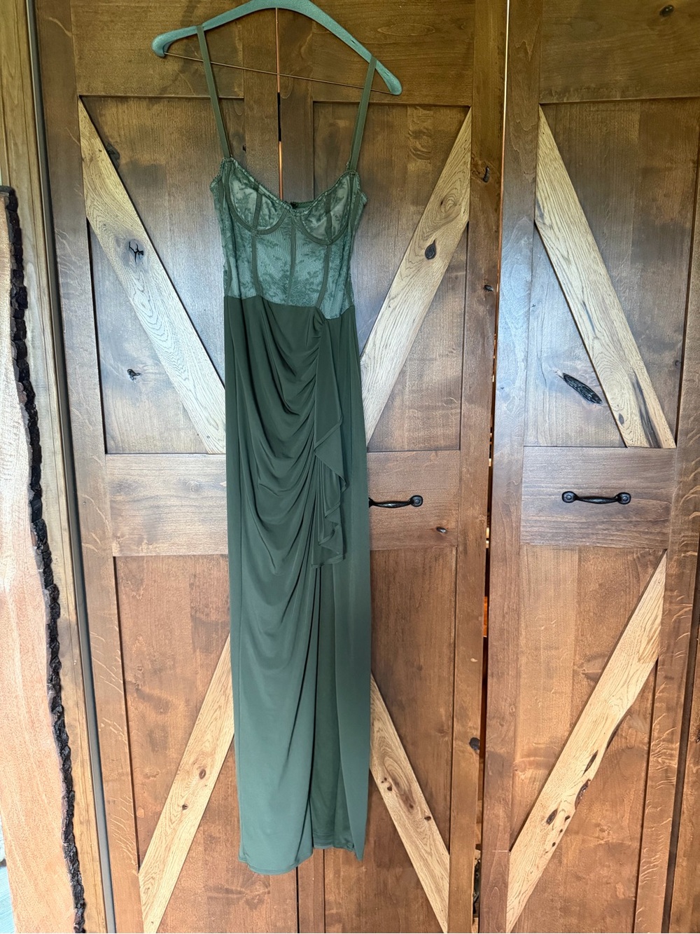 Katie May Olive Green Lace Bodice Draped Maxi Dress